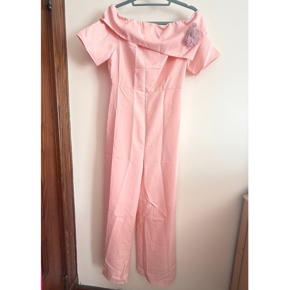 Pink Off The Shoulder Wide Leg Jumpsuit Floral Applique Formal Wedding Guest - Picture 2 of 8